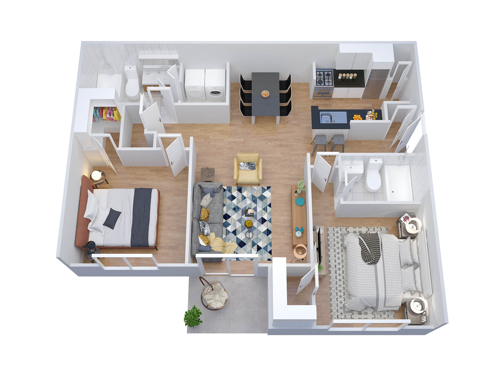 Floor plan for 2 beds, 2 baths, 962 sqft